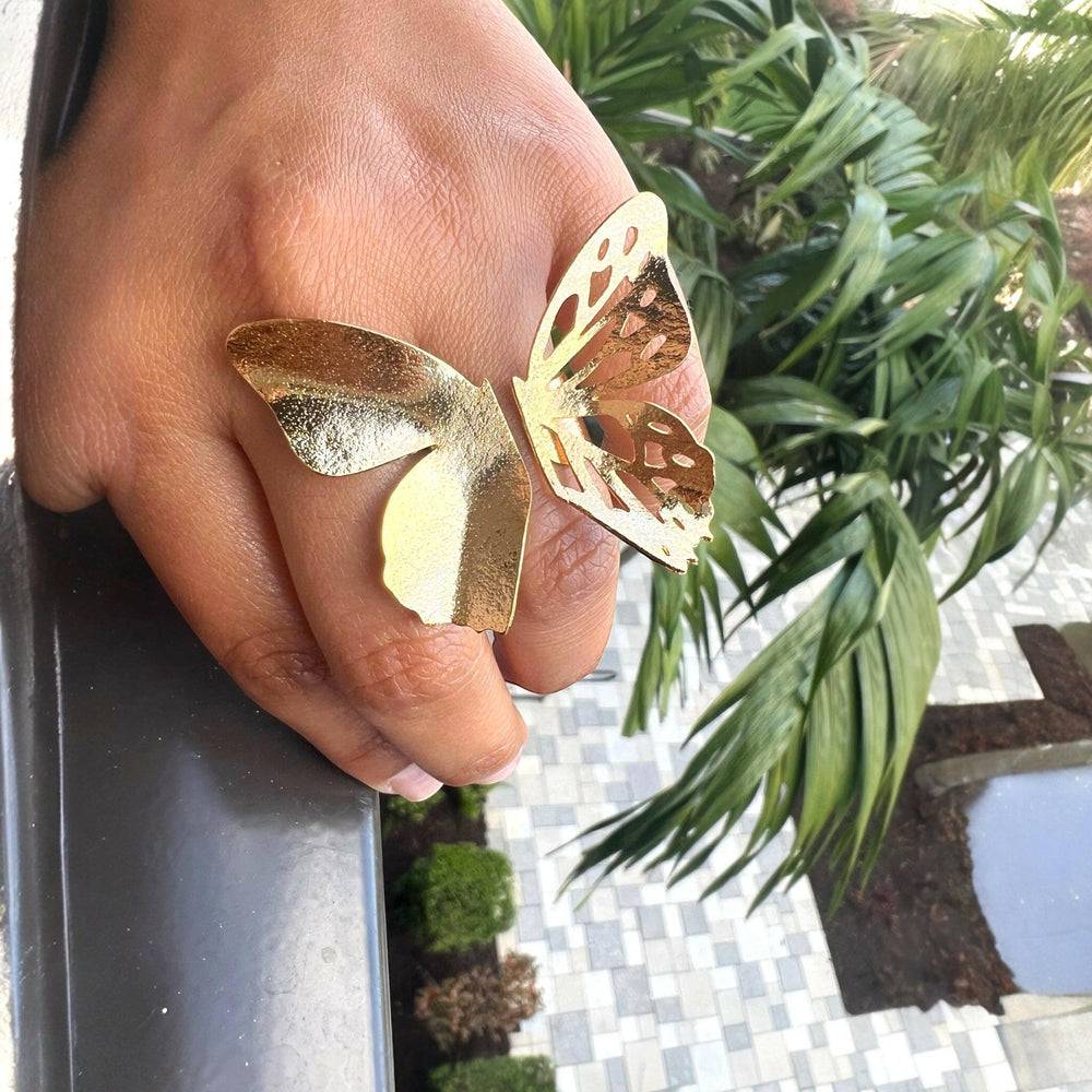 "Anillo de mariposa en 24k bañado en oro, joyería ajustable de plata